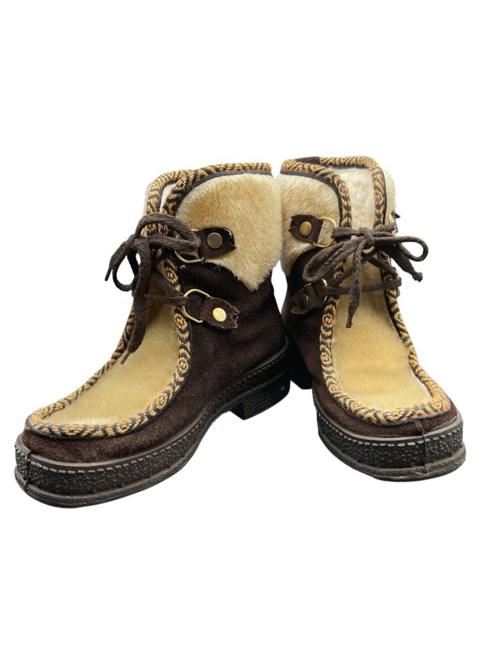 Vintage Italian Apres Ski Boots Size 6 / 37 Brown Beige Suede Faux Fur Lace Up W